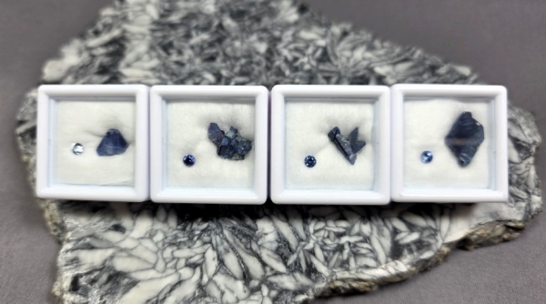 4, Benitoite Natural Crystal and Gemstone Sets, San Benito Co., California