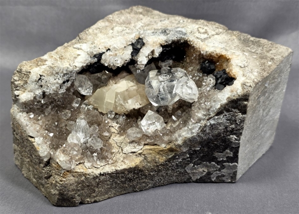 Herkimer Diamond Quartz w/ Calcite & Anthraxolite, Middleville, Herkimer Co., New York